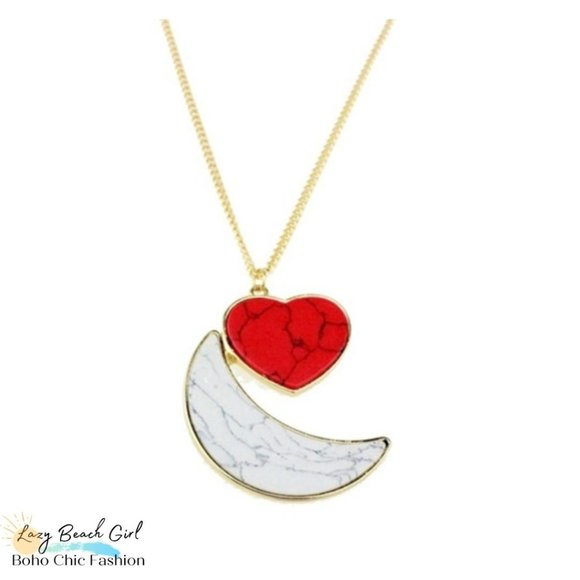 Moon and Heart Necklace - Red & White - Picture 1 of 6